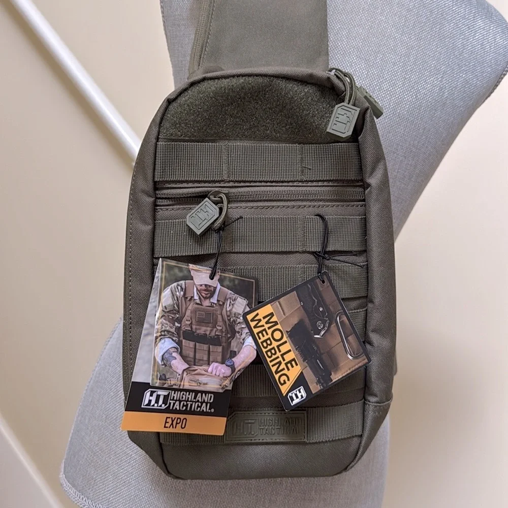 Tactical Sling Bag - Olive Green. Multiple pockets. Spacious compartments.